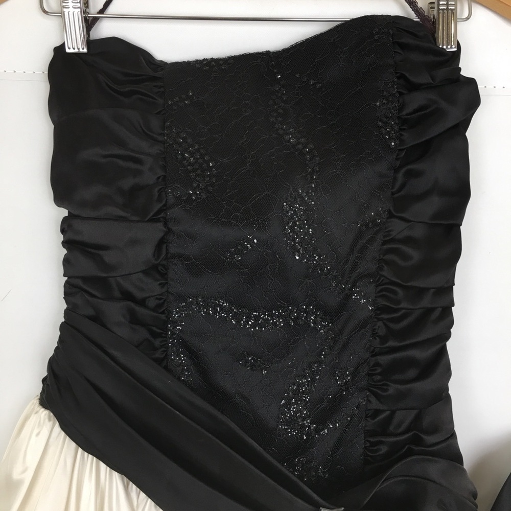 Vintage 80’s Satin Prom Dress Strapless Black Smocked Lace Bodice White Shirt - Picture 6 of 12